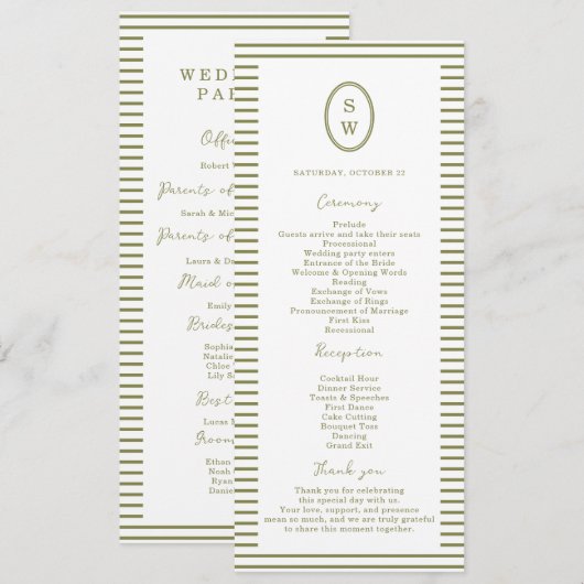 Olive Green Modern Wedding Program Card Einladung (Vorne/Hinten)