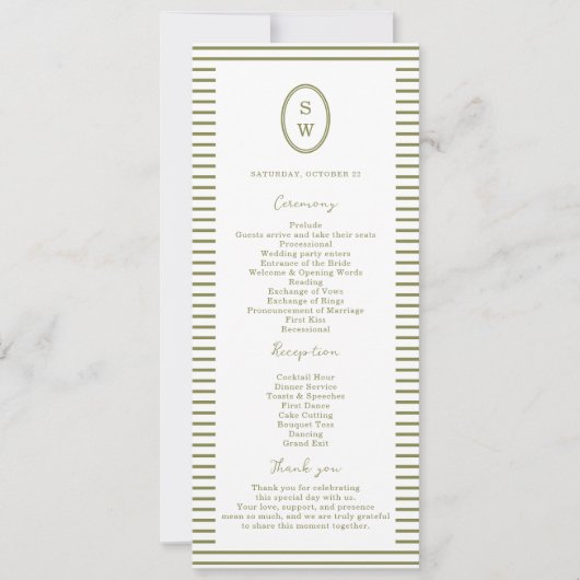 Olive Green Modern Wedding Program Card Einladung (Vorderseite)