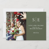 Olive Green Monogram 2 Foto Wedding Dankeskarte (Vorderseite)