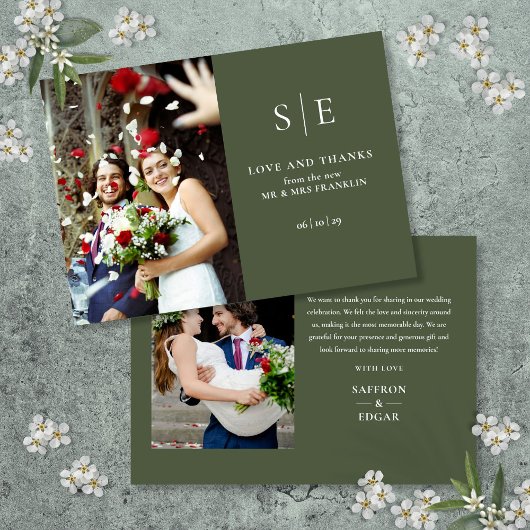 Olive Green Monogram 2 Foto Wedding Dankeskarte