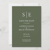 Olive Green Monogram Foto Wedding Save The Date (Vorderseite)