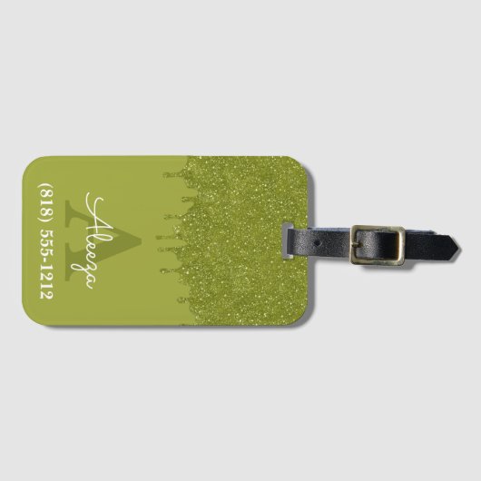 Olive Green Monogram Glitzer Tropfen Gepäckanhänger (Vorderseite (Horizontal))