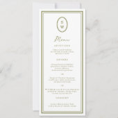 Olive Green Monogram Long Wedding Menu Card Einladung (Vorderseite)