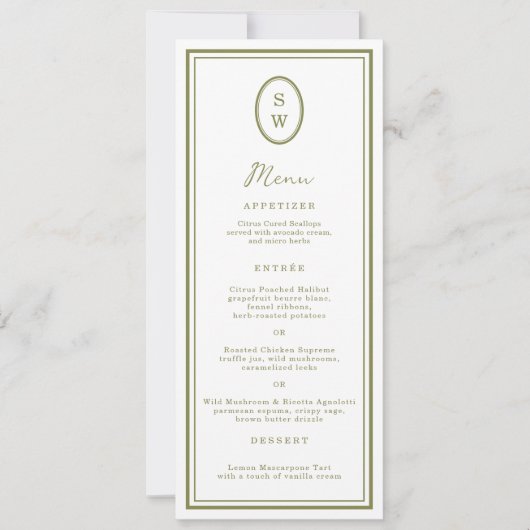 Olive Green Monogram Long Wedding Menu Card Einladung (Vorderseite)
