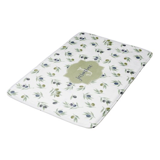Olive Green Monogram Name Watercolor Chic Pattern Badematte (Schrägansicht)