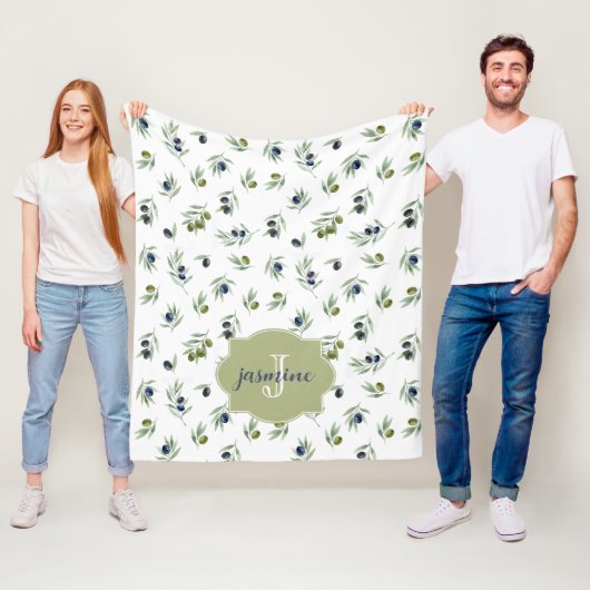Olive Green Monogram Name Watercolor Chic Pattern Fleecedecke (Beispiel)