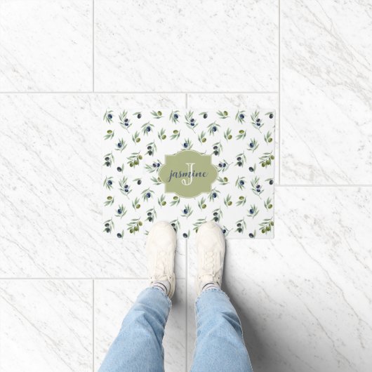 Olive Green Monogram Name Watercolor Chic Pattern Fußmatte (Indoor)