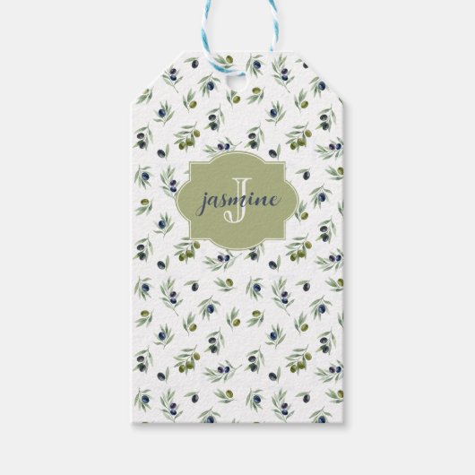 Olive Green Monogram Name Watercolor Chic Pattern Geschenkanhänger (Vorderseite)