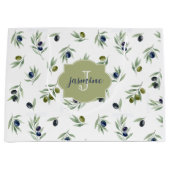 Olive Green Monogram Name Watercolor Chic Pattern Große Geschenktüte (Vorderseite)
