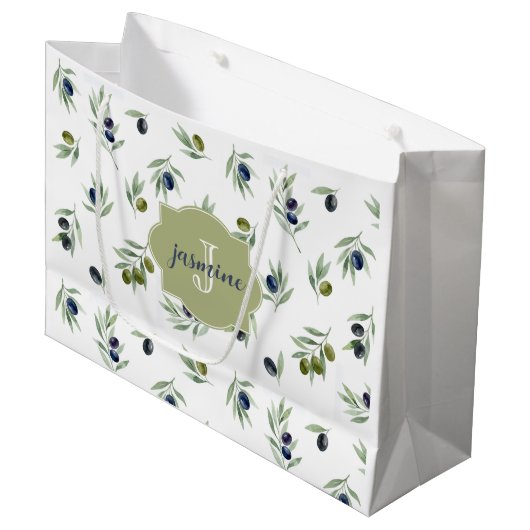 Olive Green Monogram Name Watercolor Chic Pattern Große Geschenktüte (Vorderseite Schrägansicht)