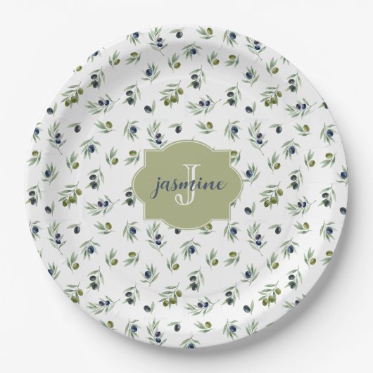 Olive Green Monogram Name Watercolor Chic Pattern Pappteller (Vorderseite)