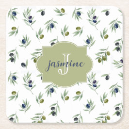 Olive Green Monogram Name Watercolor Chic Pattern Rechteckiger Pappuntersetzer