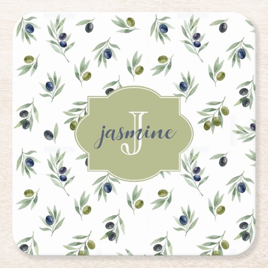 Olive Green Monogram Name Watercolor Chic Pattern Rechteckiger Pappuntersetzer (Vorderseite)