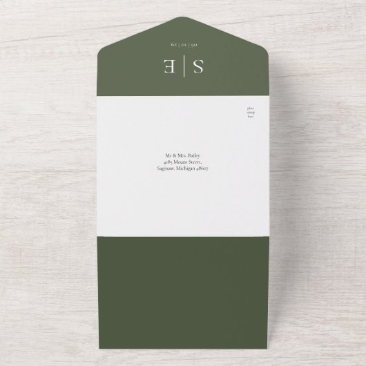 Olive Green Monogram QR Code Wedding All In One Einladung (Außenbereich)
