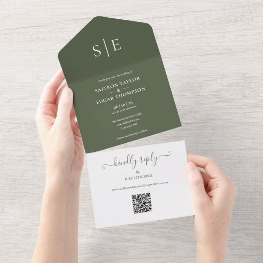 Olive Green Monogram QR Code Wedding All In One Einladung (Abreißen)