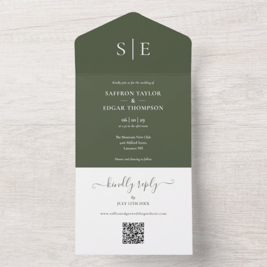 Olive Green Monogram QR Code Wedding All In One Einladung (Innen Boden)