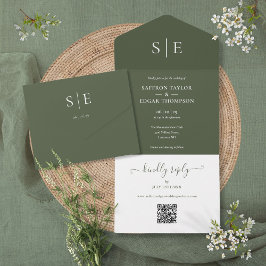 Olive Green Monogram QR Code Wedding All In One Einladung