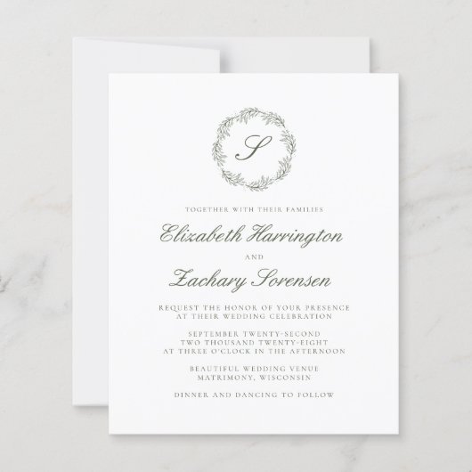 Olive Green Monogram Script Hochzeit (Vorderseite)
