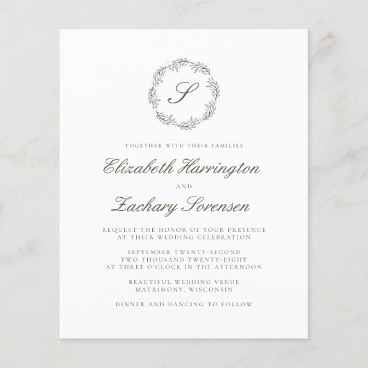 Olive Green Monogram Script Hochzeit (Vorderseite)