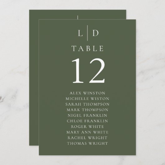 Olive Green Monogram Tischnummer Seekarte (Vorne/Hinten)