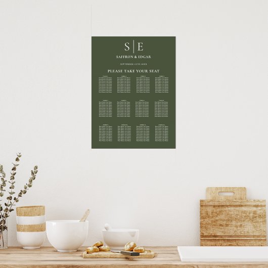 Olive Green Monogram Wedding Chart Poster (Küche)