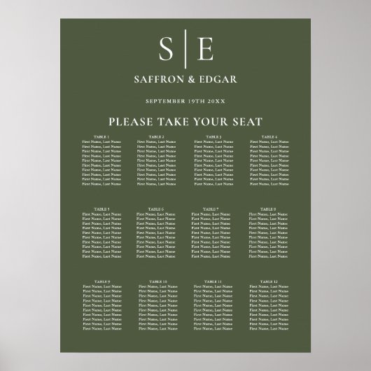 Olive Green Monogram Wedding Chart Poster (Vorne)