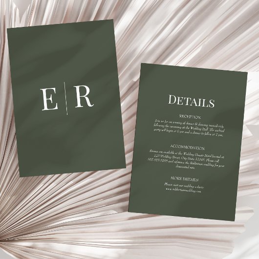 Olive Green Monogram Wedding Details Card Einladung