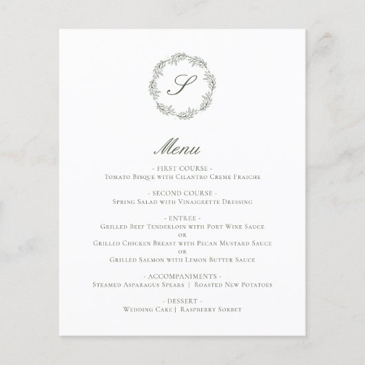 Olive Green Monogram Wedding Menu (Vorderseite)