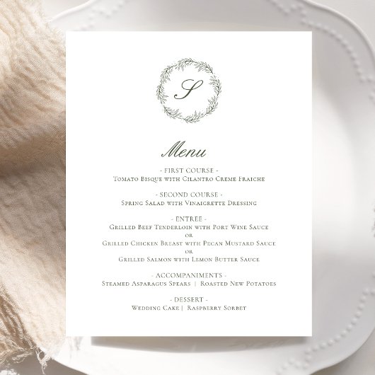 Olive Green Monogram Wedding Menu