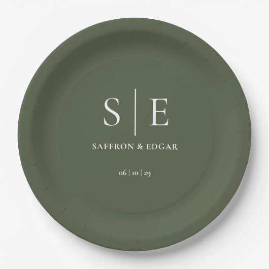 Olive Green Monogram Wedding Pappteller (Vorderseite)
