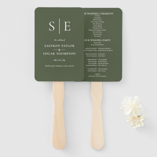 Olive Green Monogram Wedding Program Fächer (Vorne und Hinten)