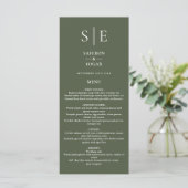 Olive Green Monogram Wedning Dinner Menükarte (Stehend Vorderseite)