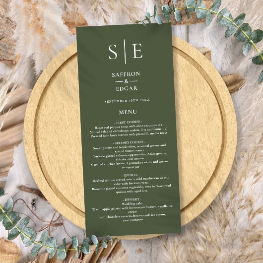 Olive Green Monogram Wedning Dinner Menükarte