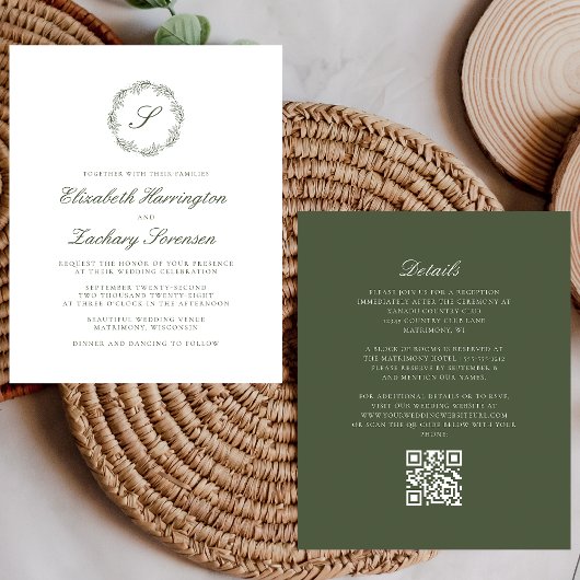 Olive Green Monogram Wreath QR Code Hochzeit
