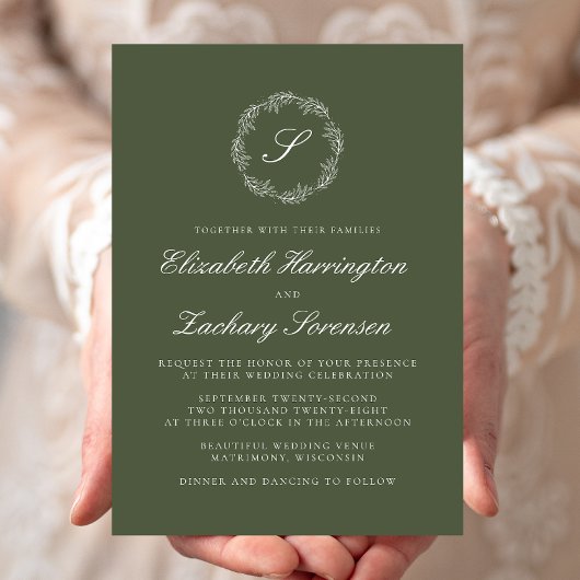 Olive Green Monogram Wreath White Script Wedding Einladung