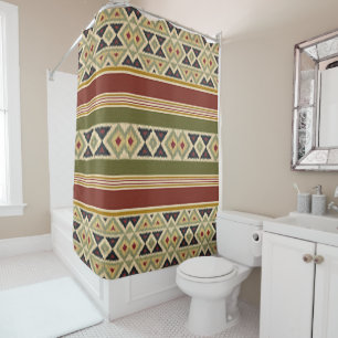 Olive Green Mustard Ochre Yellow Tribal Ikat Art Duschvorhang