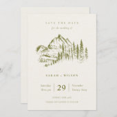 Olive Green Pine Mountain Sketch Save the Date Dankeskarte (Vorne/Hinten)