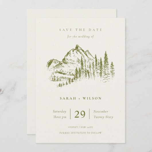 Olive Green Pine Mountain Sketch Save the Date Dankeskarte (Vorne/Hinten)