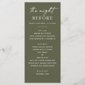 Olive Green Probe Dinner | Rustikale Nacht vorher Menükarte (Vorderseite)
