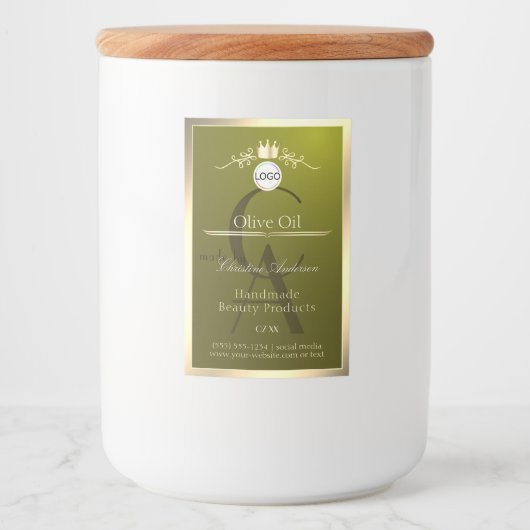 Olive Green Product Label Gold Frame Logo Monogram Lebensmitteletikett (Vorderseite)