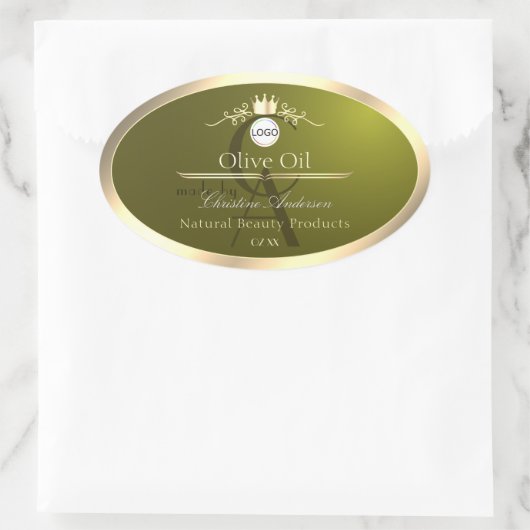 Olive Green Product Label Gold Frame Logo Monogram Ovaler Aufkleber (Tasche)