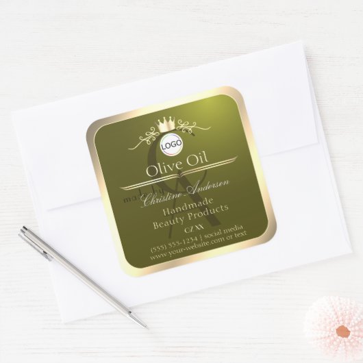 Olive Green Product Label Gold Frame Logo Monogram Quadratischer Aufkleber (Umschlag)