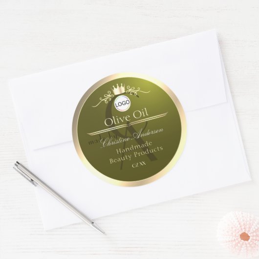 Olive Green Product Label Gold Frame Logo Monogram Runder Aufkleber (Umschlag)