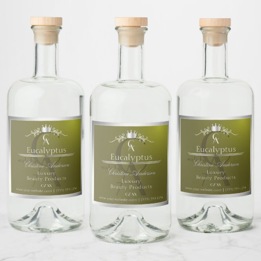 Olive Green Product Label Silver Frame Monogram Alkoholflaschenetikett (Flaschen)