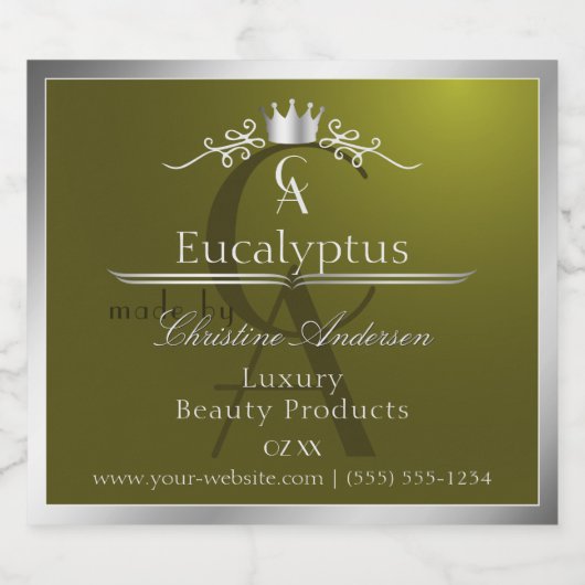 Olive Green Product Label Silver Frame Monogram Alkoholflaschenetikett (Einzelnes Label)
