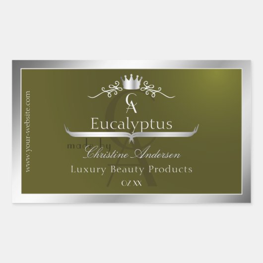 Olive Green Product Label Silver Frame Monogram Rechteckiger Aufkleber (Vorderseite)