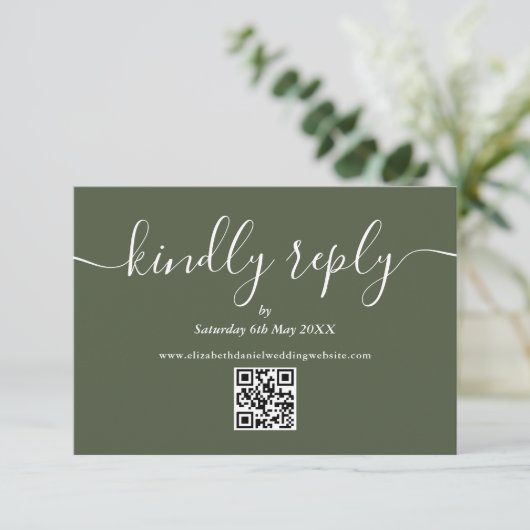 Olive Green QR Code Elegant Script Kindly Antwort (Stehend Vorderseite)