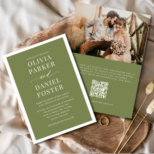 Olive Green QR Code Foto Minimalistisch Hochzeit Einladung
