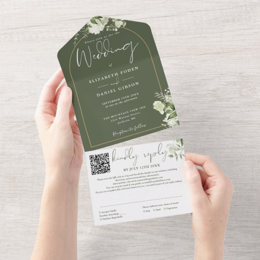 Olive Green QR Code Gold Arch Greenerity Wedding All In One Einladung (Abreißen)