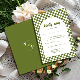 Olive green Retro Minimalist Checker Arch Wedding RSVP Karte